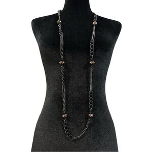 Chunky Long Necklace Mixed Metals Beaded Accents Black Chain 48 Inch Length